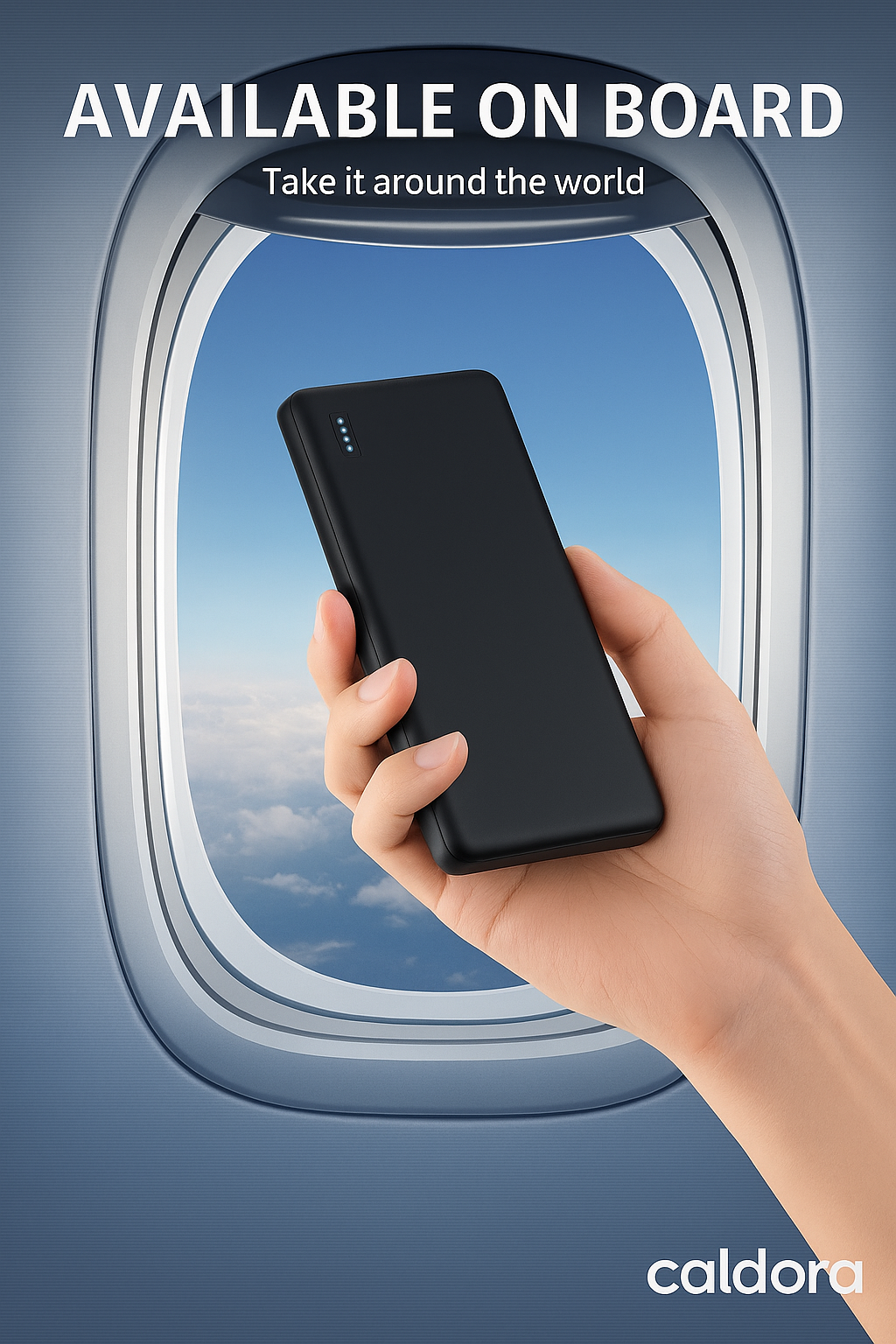 Caldora power bank held by airplane window with text Available On Board – Take it around the world