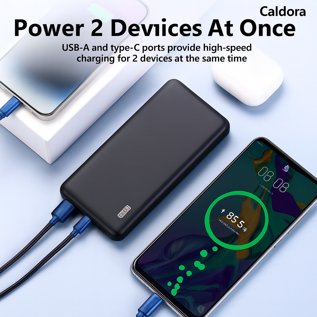Caldora portable power bank showing wide device compatibility with phones and laptops