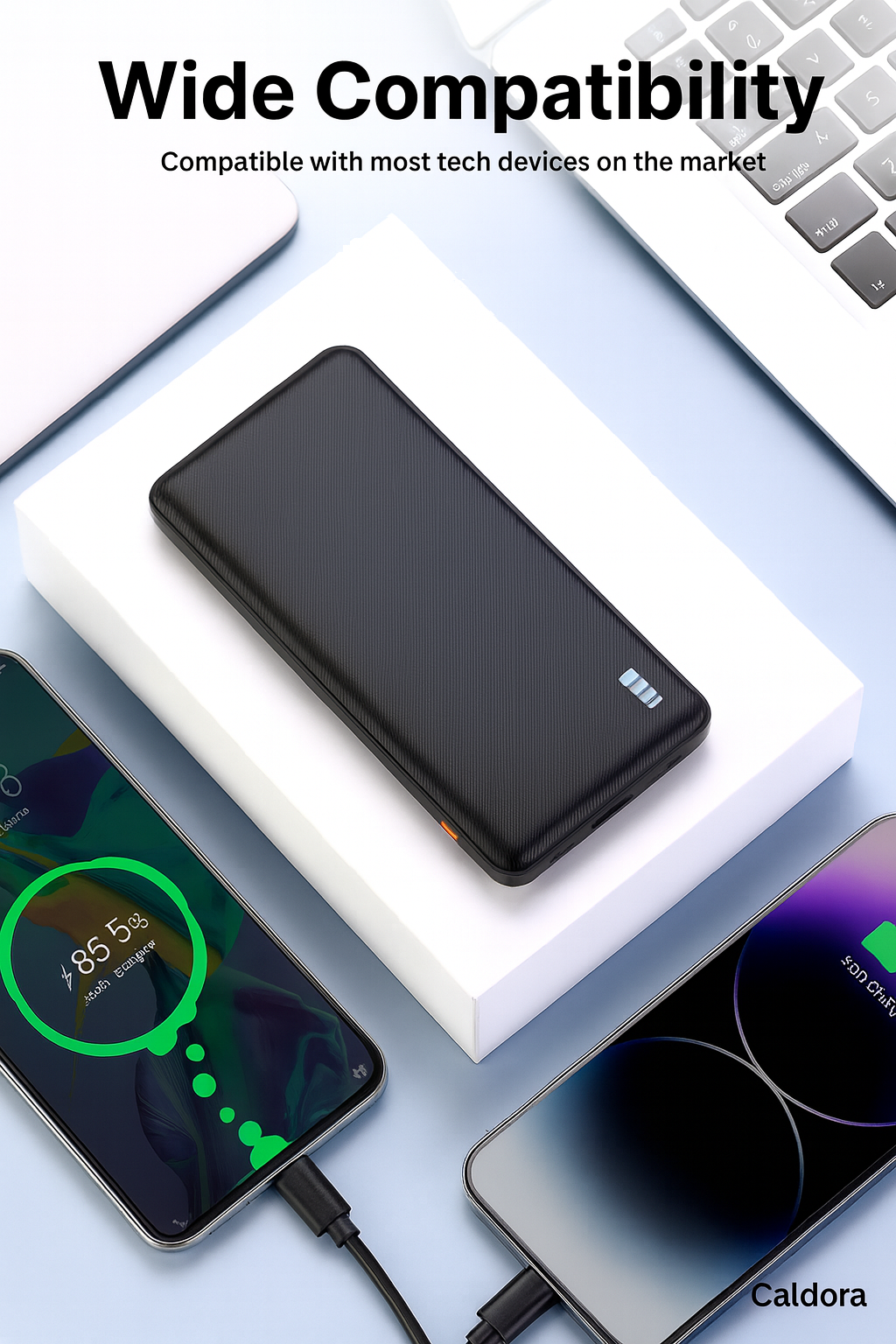 Caldora 10,000mAh power bank charging two smartphones simultaneously via dual USB ports