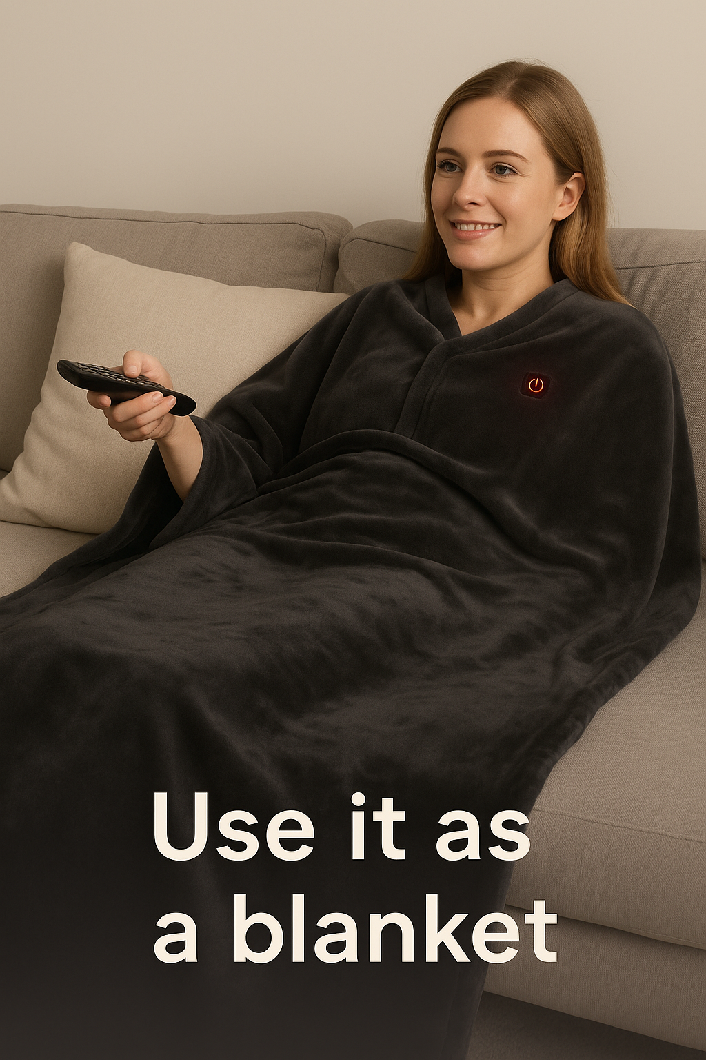 Woman wearing the Caldora electric heated shawl unzipped as a blanket for full-body warmth