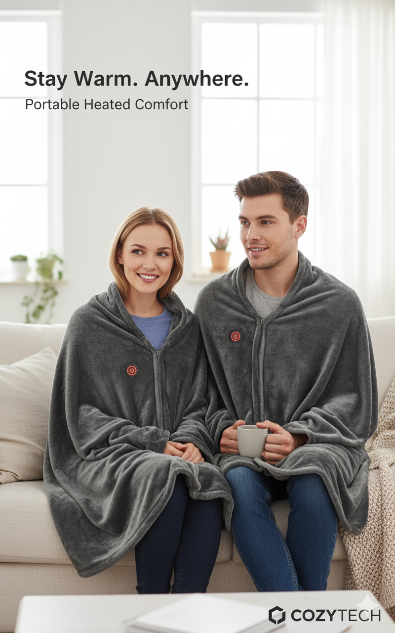 Husband and wife sitting on a sofa sharing the Caldora electric heated shawl for cozy warmth at home