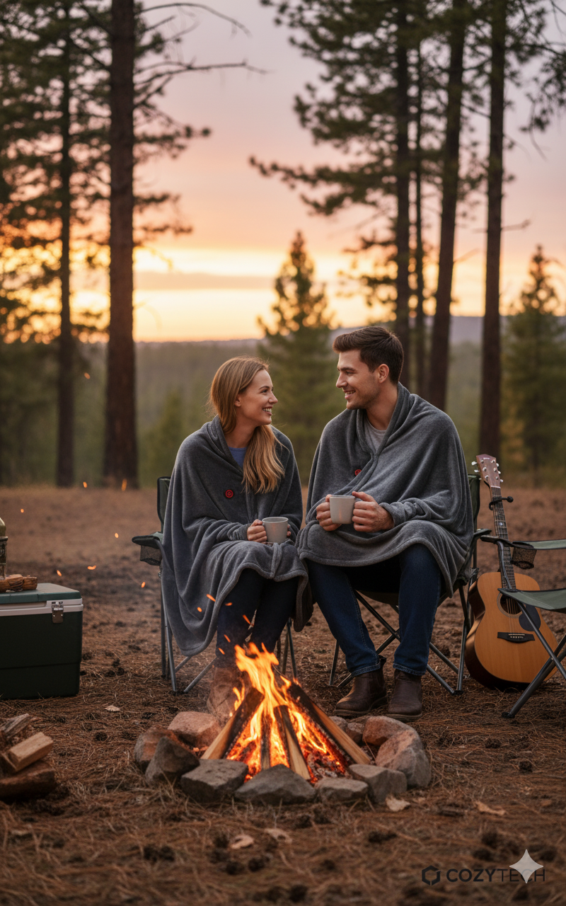 Husband and wife camping outdoors wearing the Caldora electric heated shawl for warmth