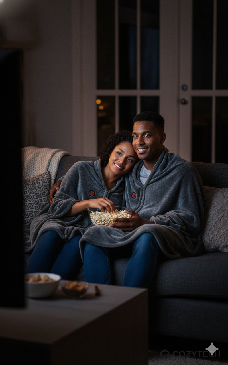 Husband and wife sitting on a sofa sharing the Caldora electric heated shawl for cozy warmth at home