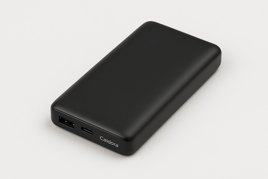 Caldora 10,000mAh portable power bank with dual USB and Type-C fast charging ports on a white background
