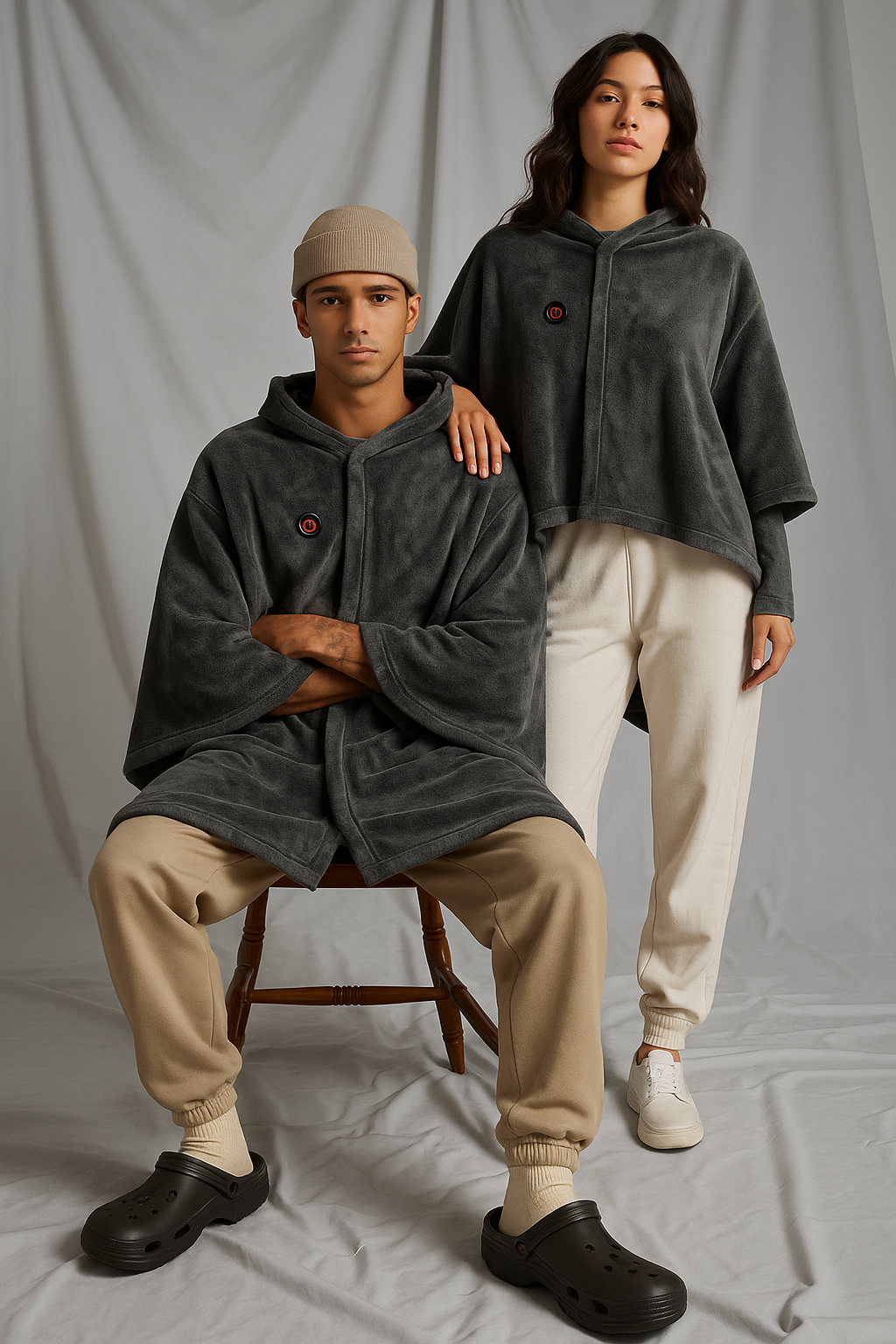 Two people wearing matching gray hoodies a heated hoodie against a plain background 