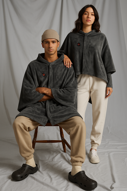 Two people wearing matching gray hoodies a heated hoodie against a plain background 