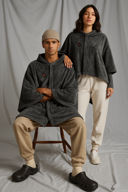 Two people wearing matching gray hoodies a heated hoodie against a plain background 